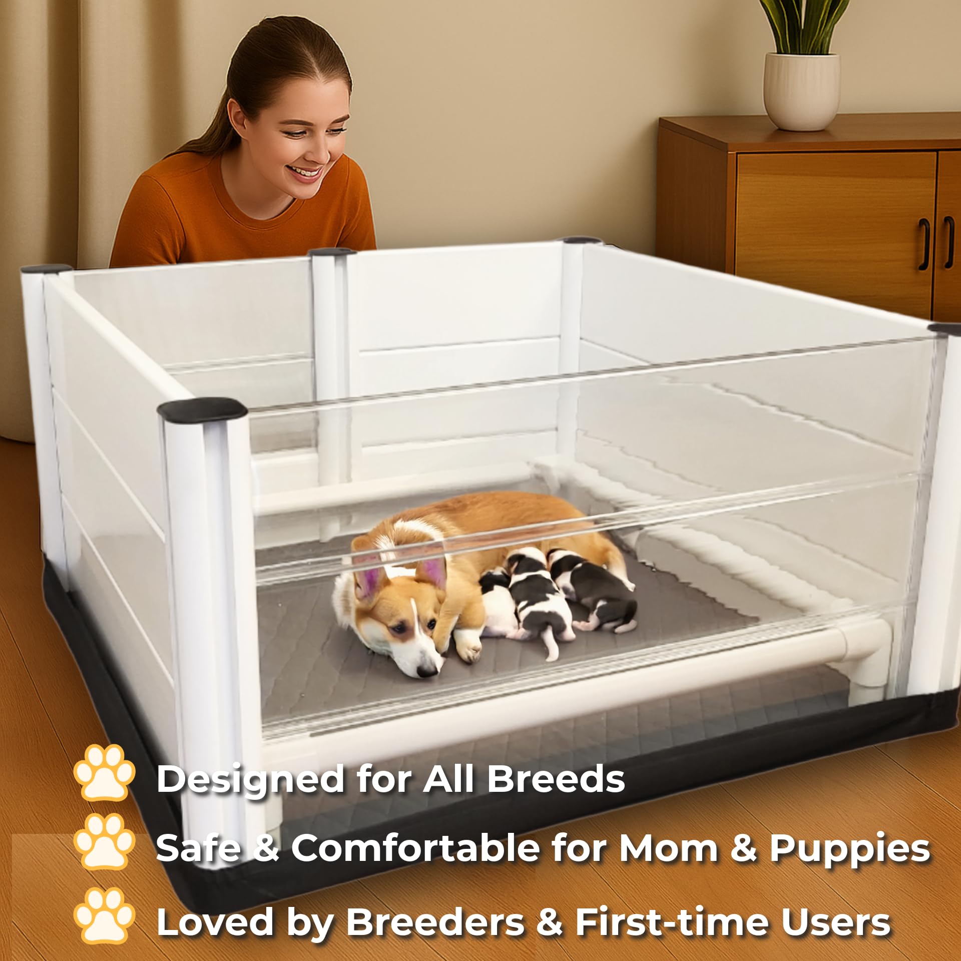 UC Barkley whelping box crystal-clear panel offers unobtrusive visibility for caregivers.