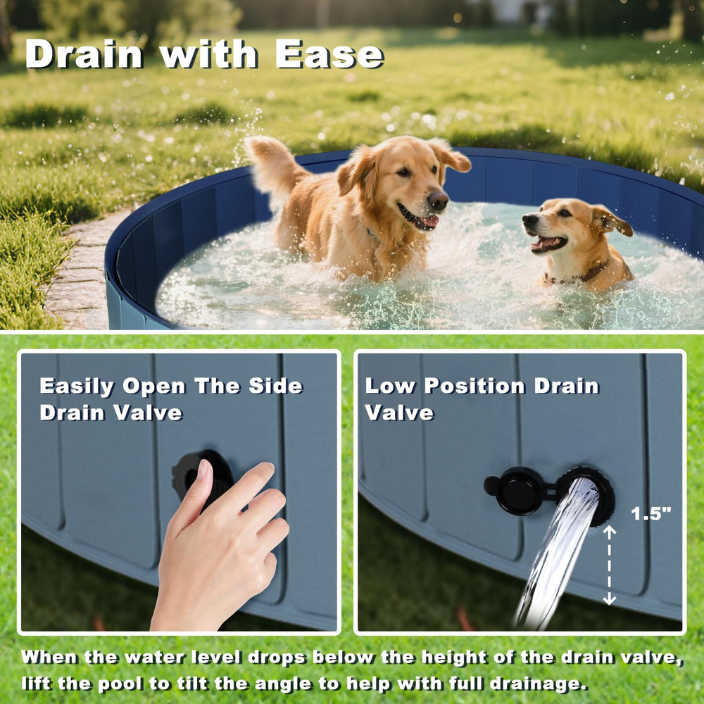 UCCY foldable dog pool drain valve in action for quick drainage.