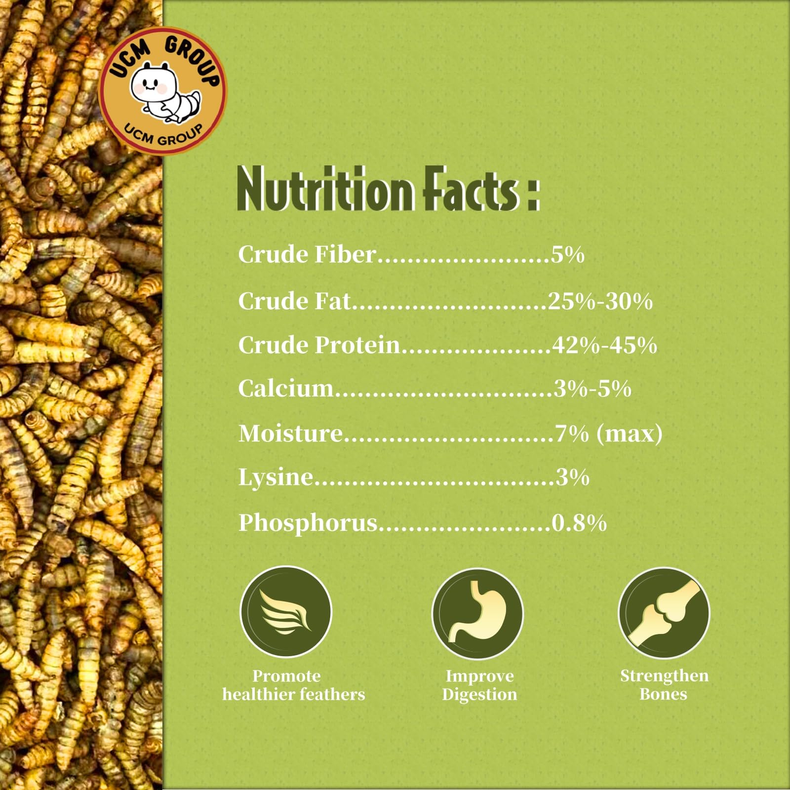 UCM Group 5lb dried BSFL treats for birds during feeding time.