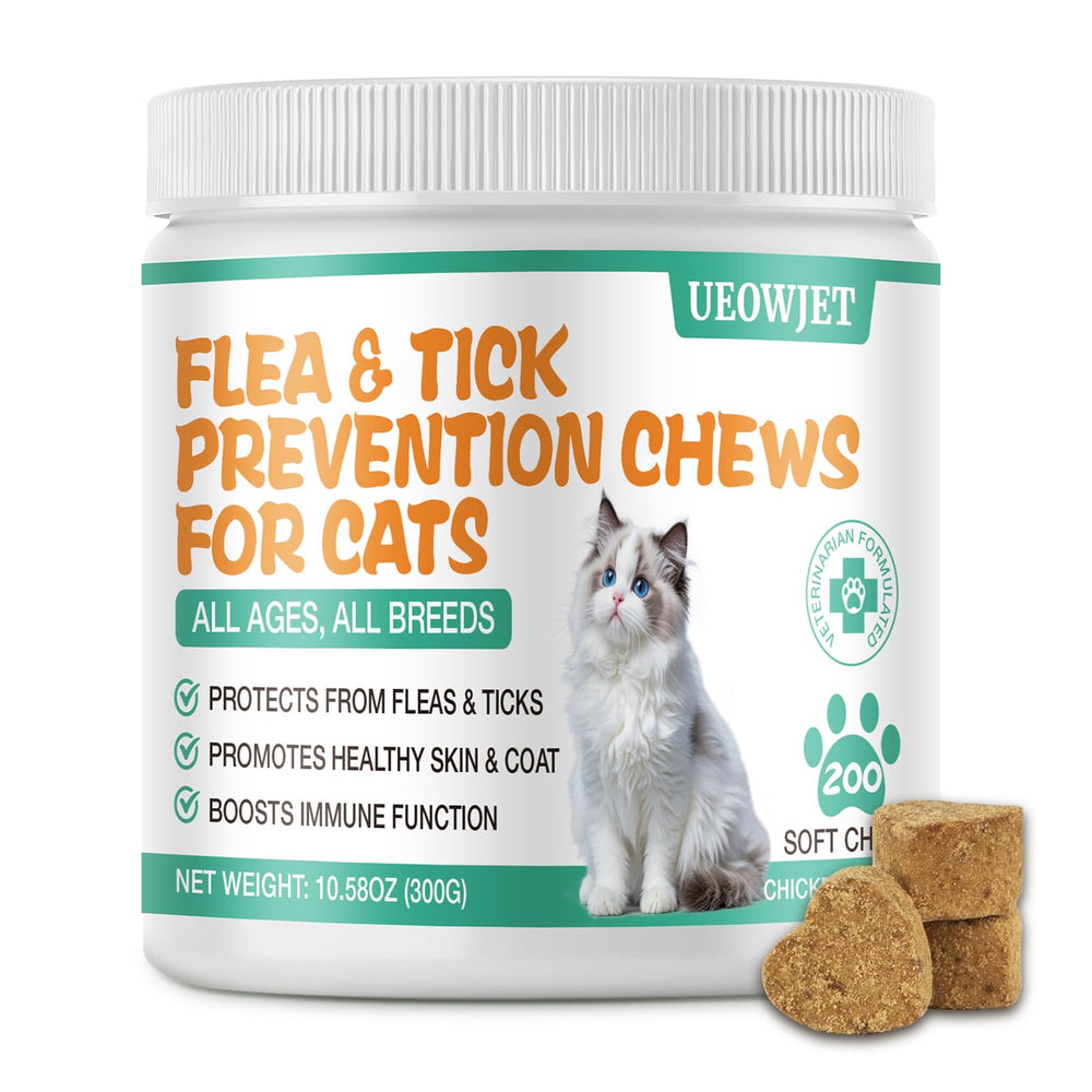 UEOWJET flea-tick chews bottle closeup for convenient daily protection.