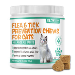 UEOWJET flea-tick chews bottle closeup for convenient daily protection.