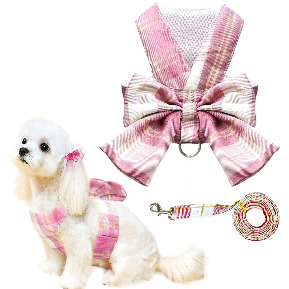 UETZLTB pink dog harness with bow tie, stylish no-pull design for small dogs.
