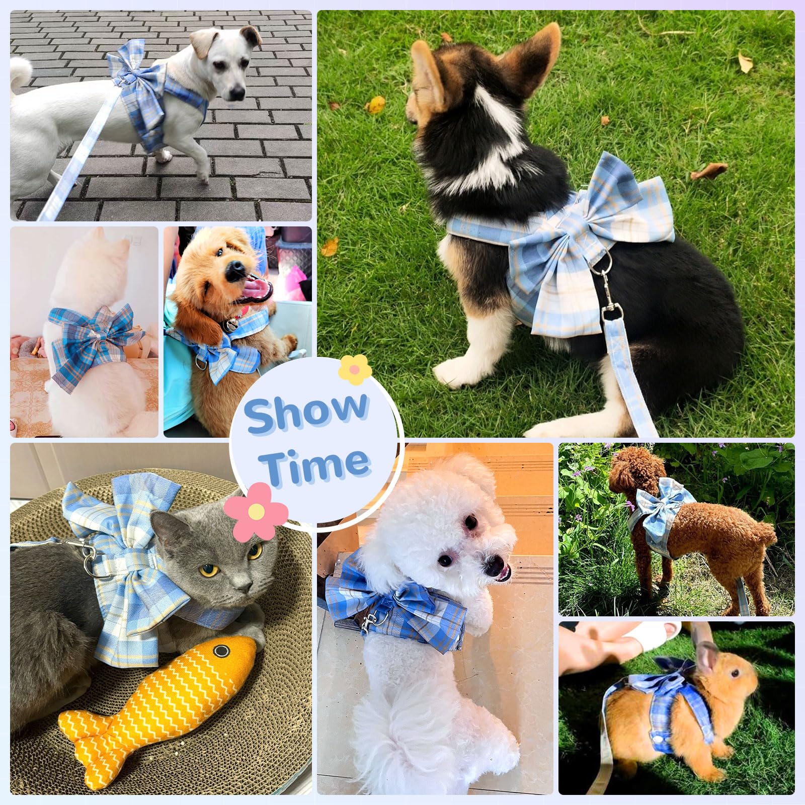 UETZLTB plaid small dog harness in blue elevates fashion and security on walks.