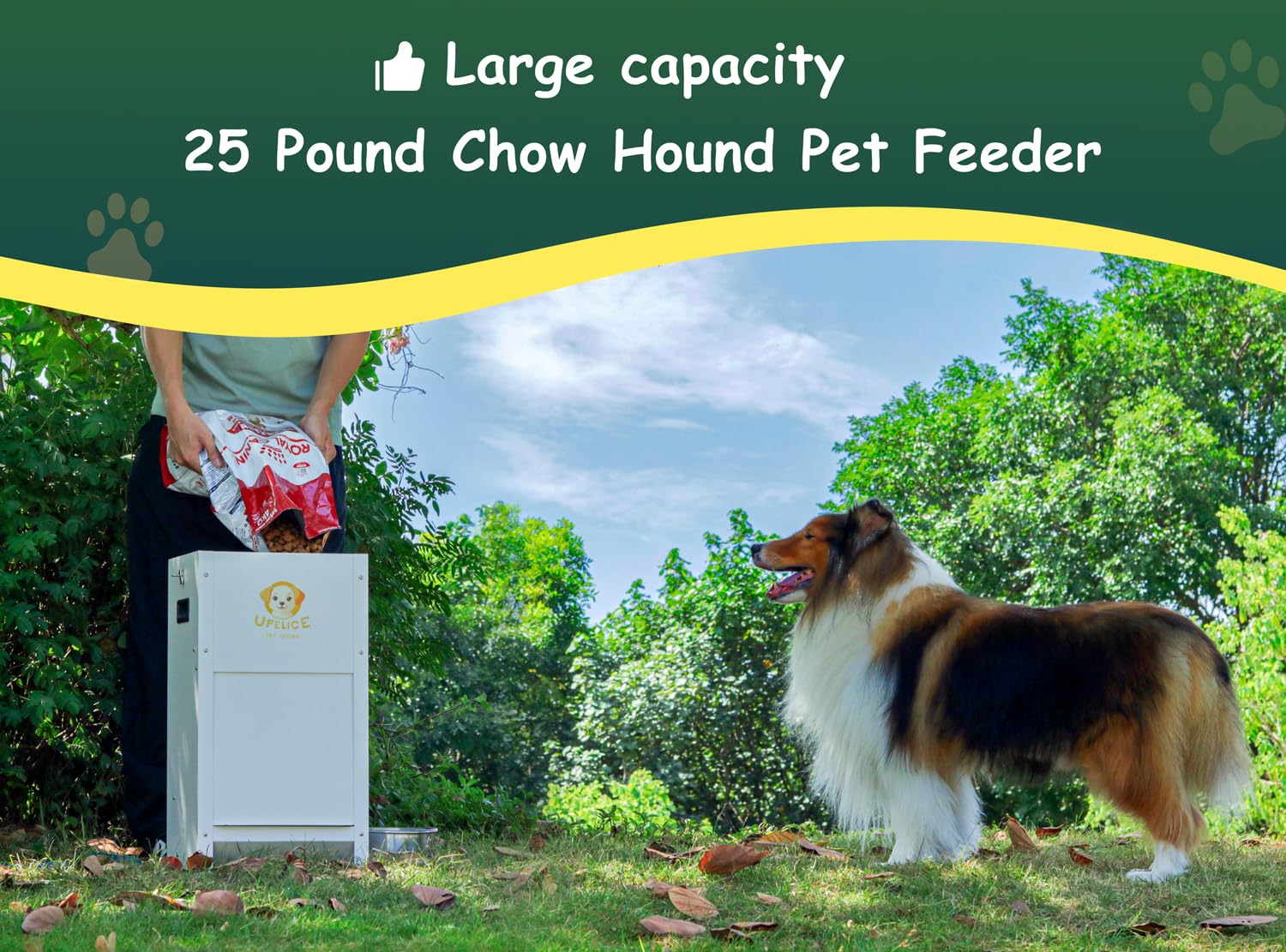 UFelice Dog Feeder gravity-door-closure keeps kibble dry and pests out.