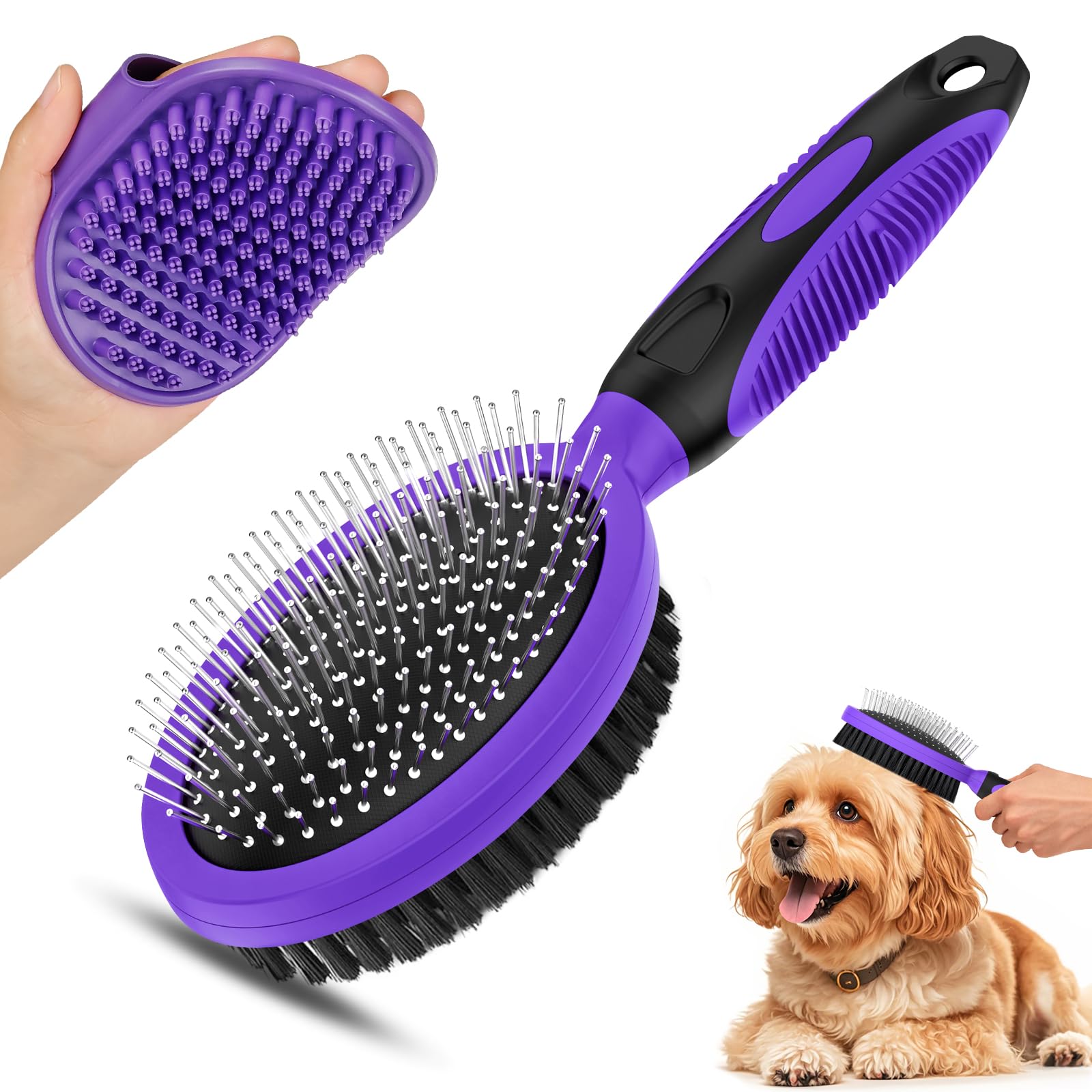 UGNEL 2pcs pet grooming tools set with double-sided brush for efficient deshedding and bathing
