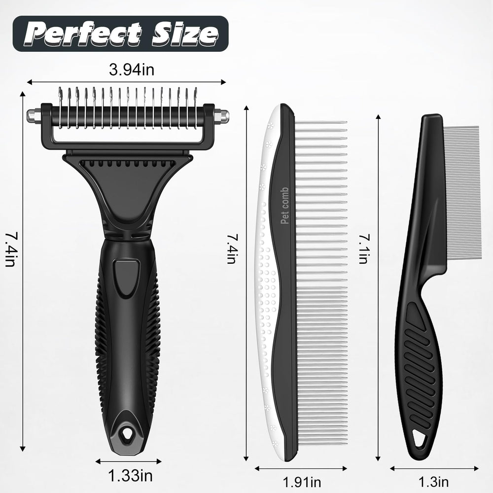 UGNEL pet grooming kit in use on a long-haired dog showing deshedding in action.