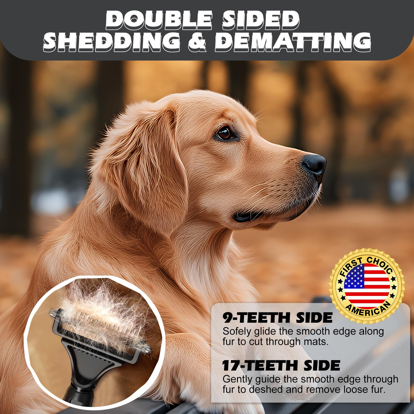 UGNEL undercoat rake 17-tooth close-up for thinning loose fur.