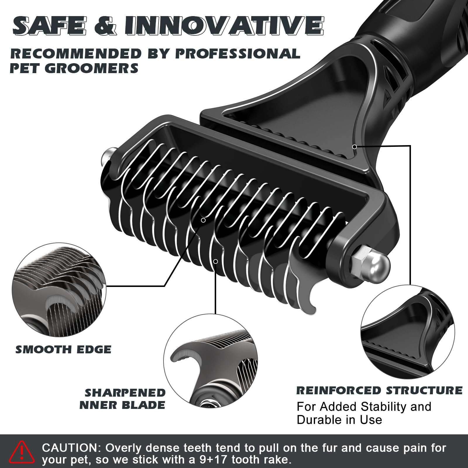 UGNEL undercoat rake 9-tooth close-up for mats and tangles in medium to long hair.