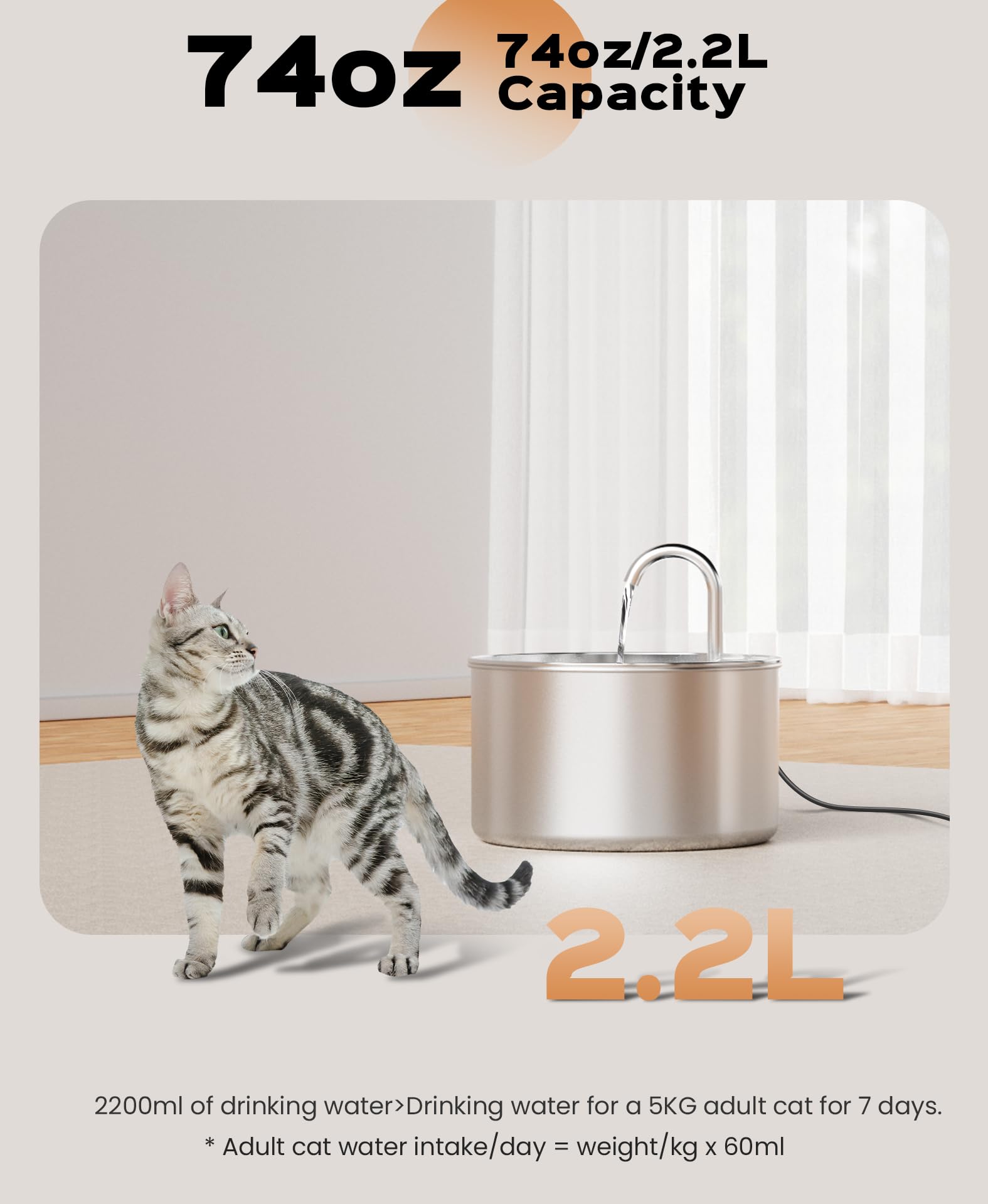 UIOOQ stainless-steel cat water fountain with activated carbon filter for purification