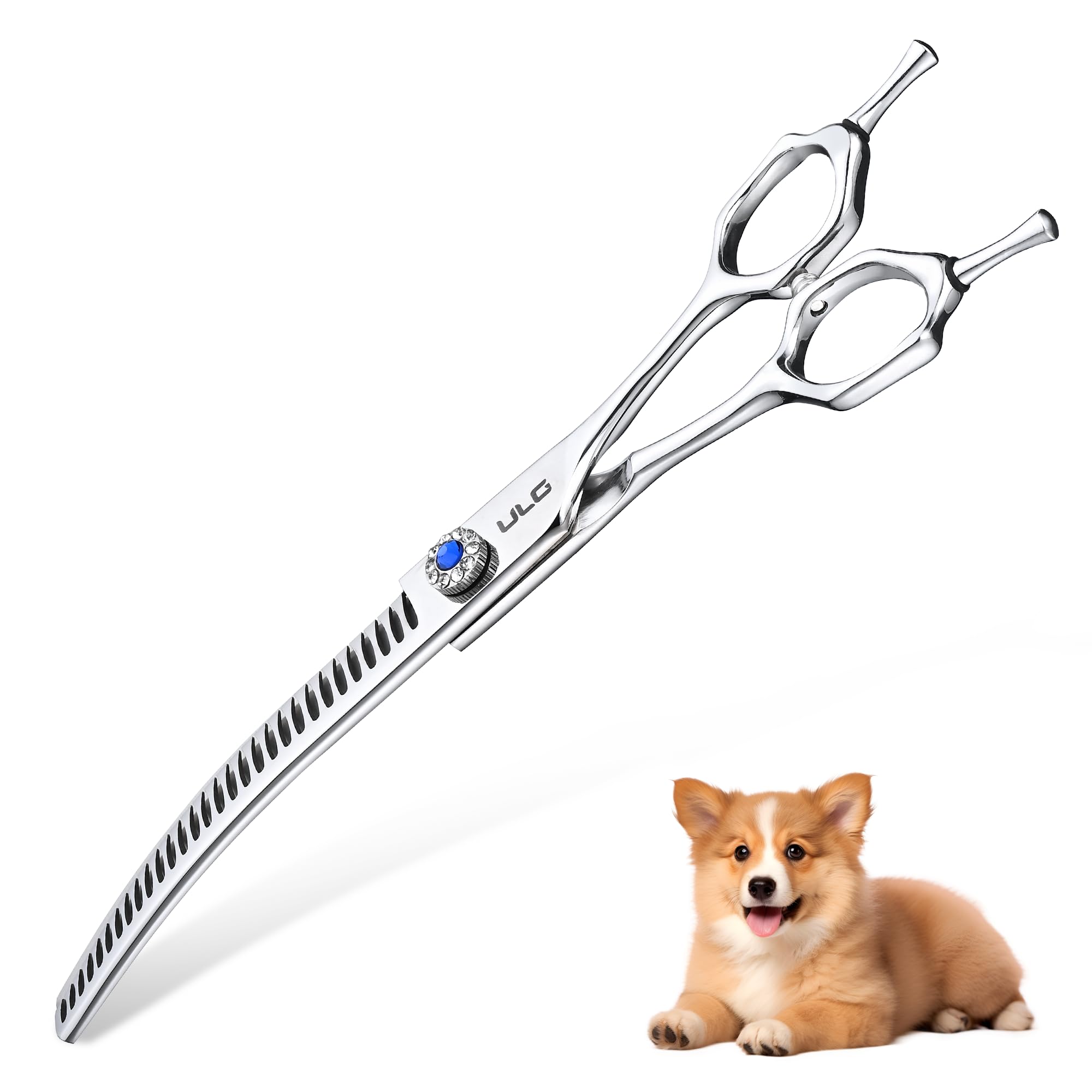 ULG 7inch curved thinning shears close up for precise blending around ears and paws