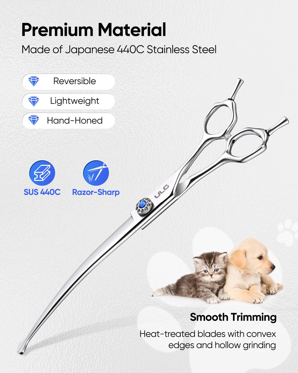 ULG curved dog shears adjustable pivot close-up enables customizable tension for easier grooming.