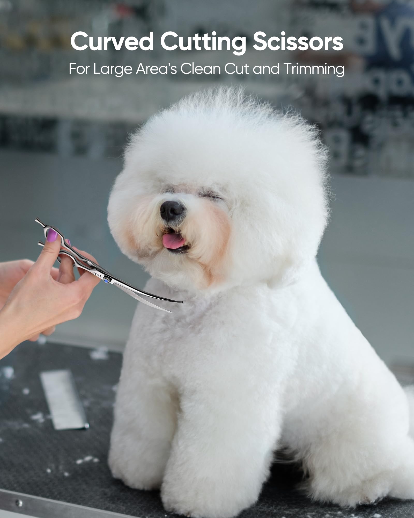 ULG curved dog shears contour-detail demonstrates precise shaping on ears and paws.