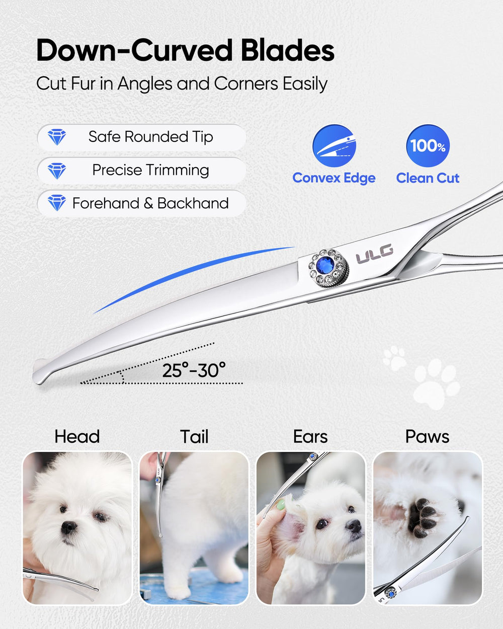 ULG curved dog shears ergonomic-handle in-use shot highlights lightweight comfort.