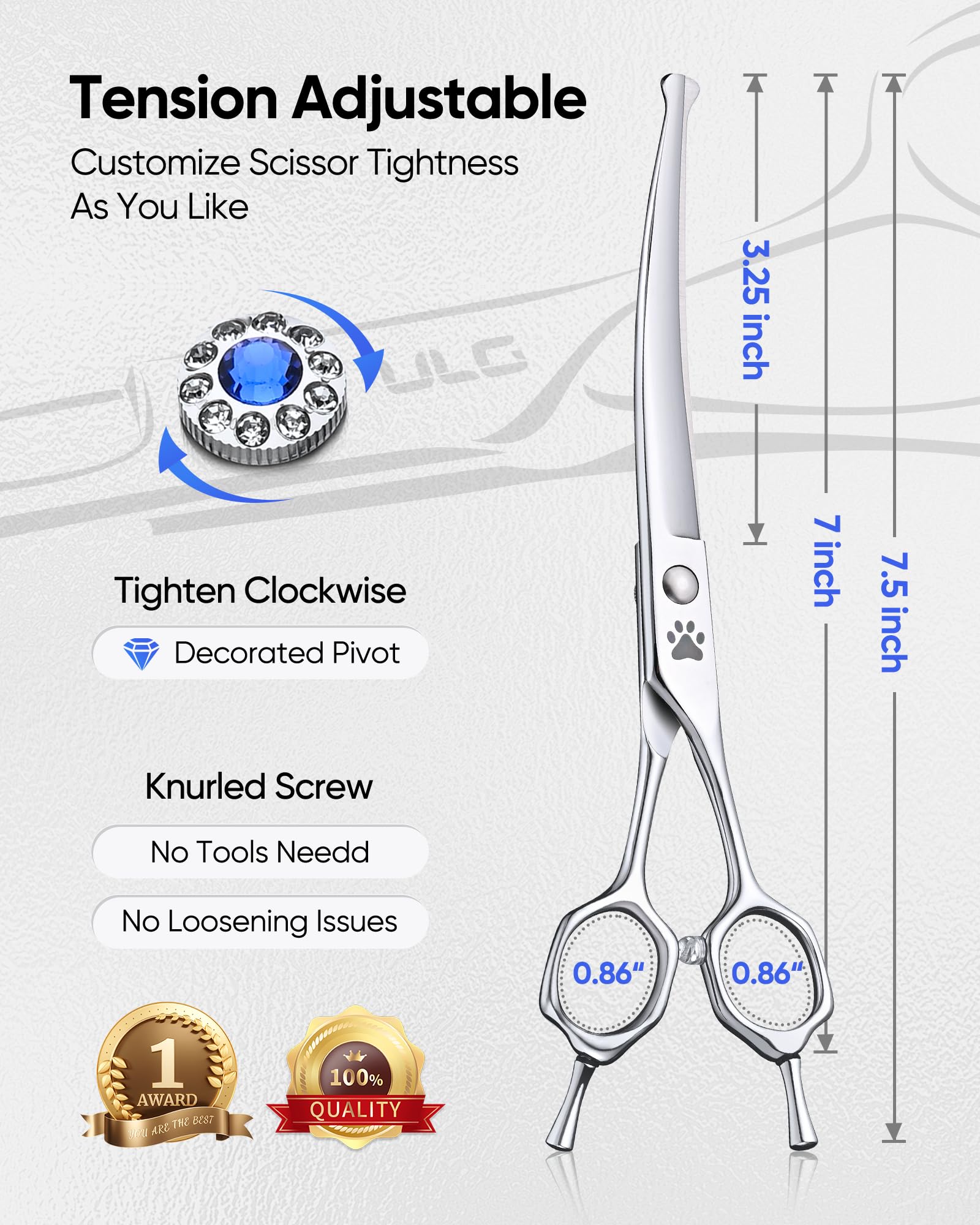 ULG curved dog shears noise-silencer pad reduces grooming noise for calmer sessions.