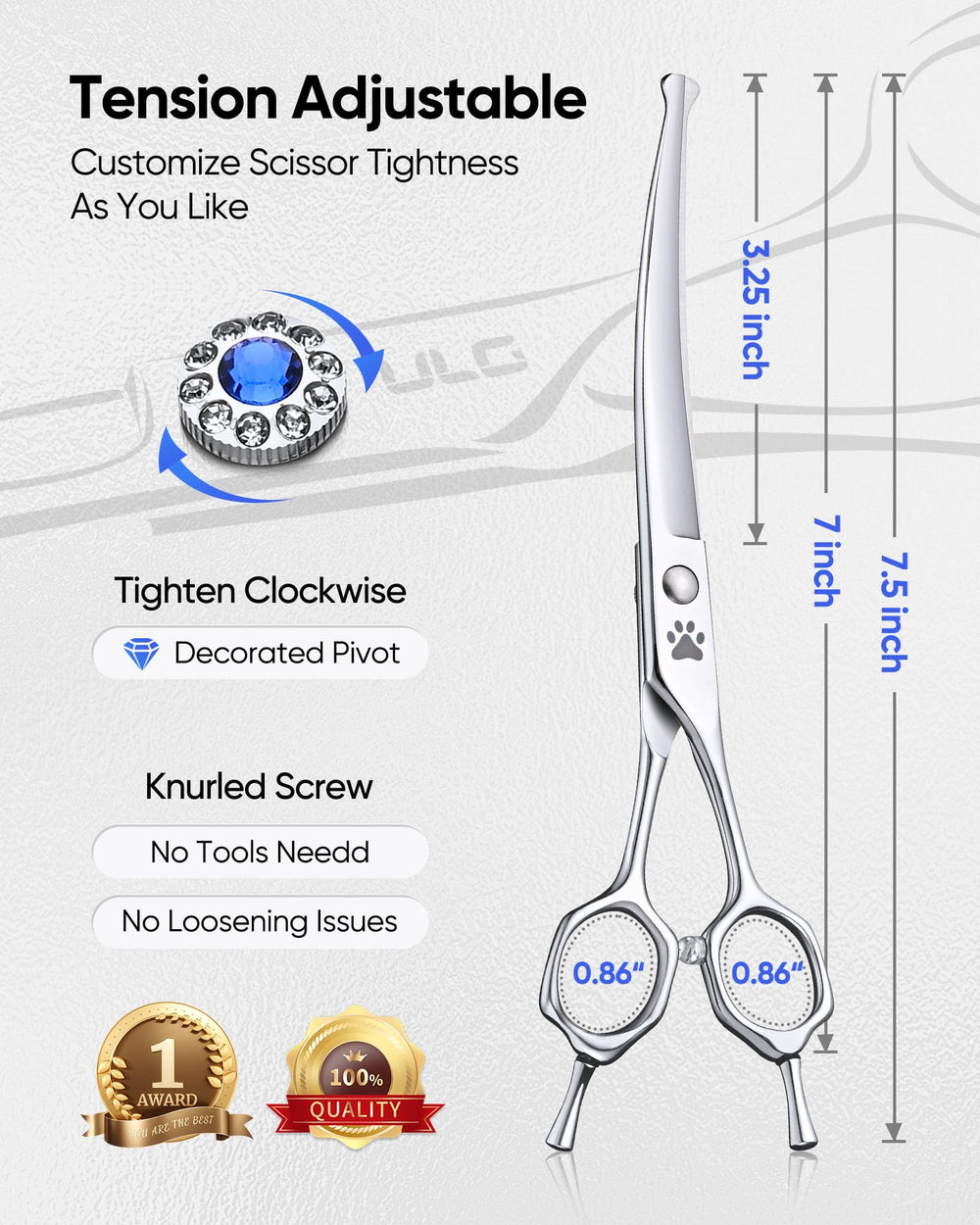 ULG curved dog shears noise-silencer pad reduces grooming noise for calmer sessions.