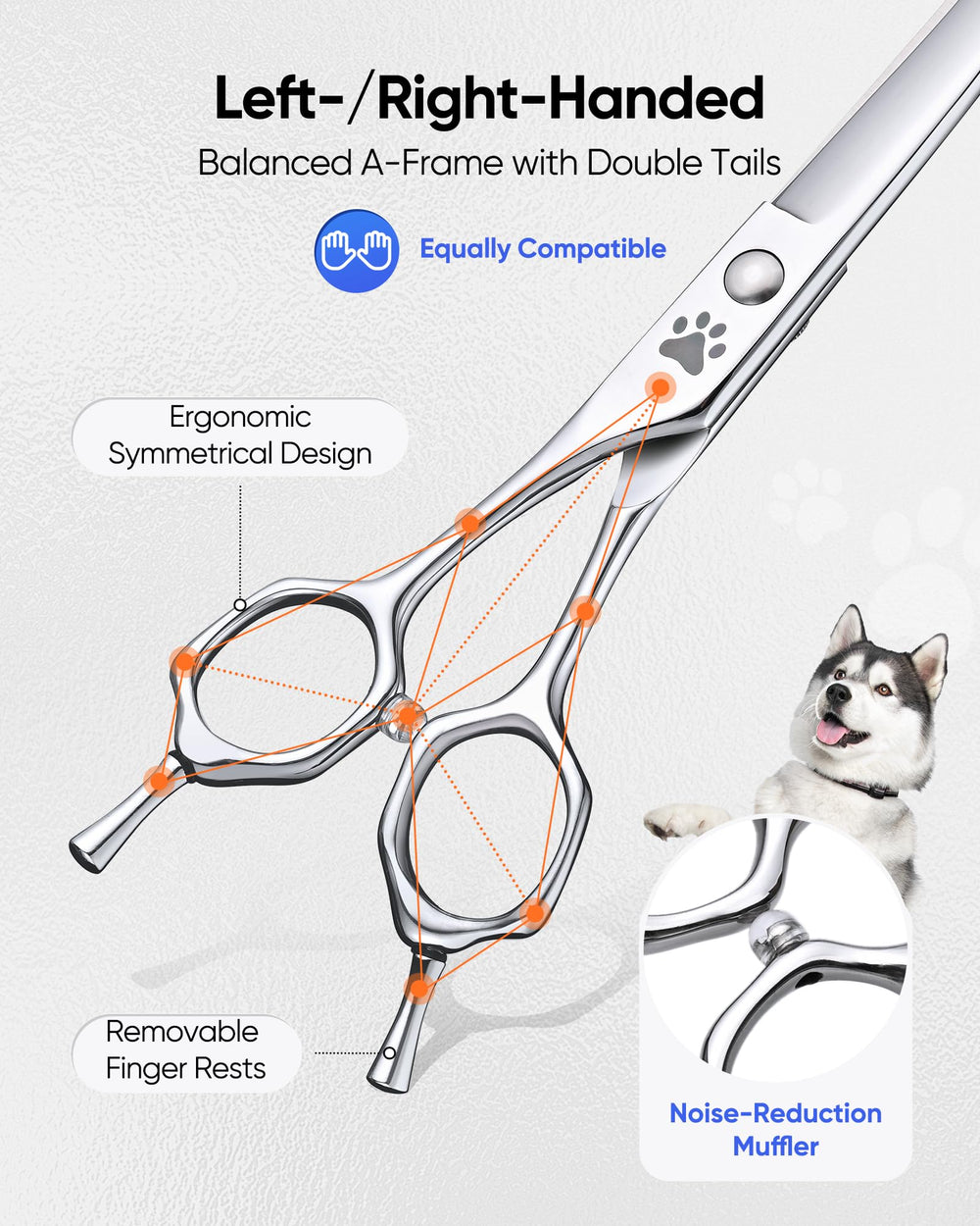 ULG curved dog shears rounded-tip design minimizes pokes around eyes and ears.