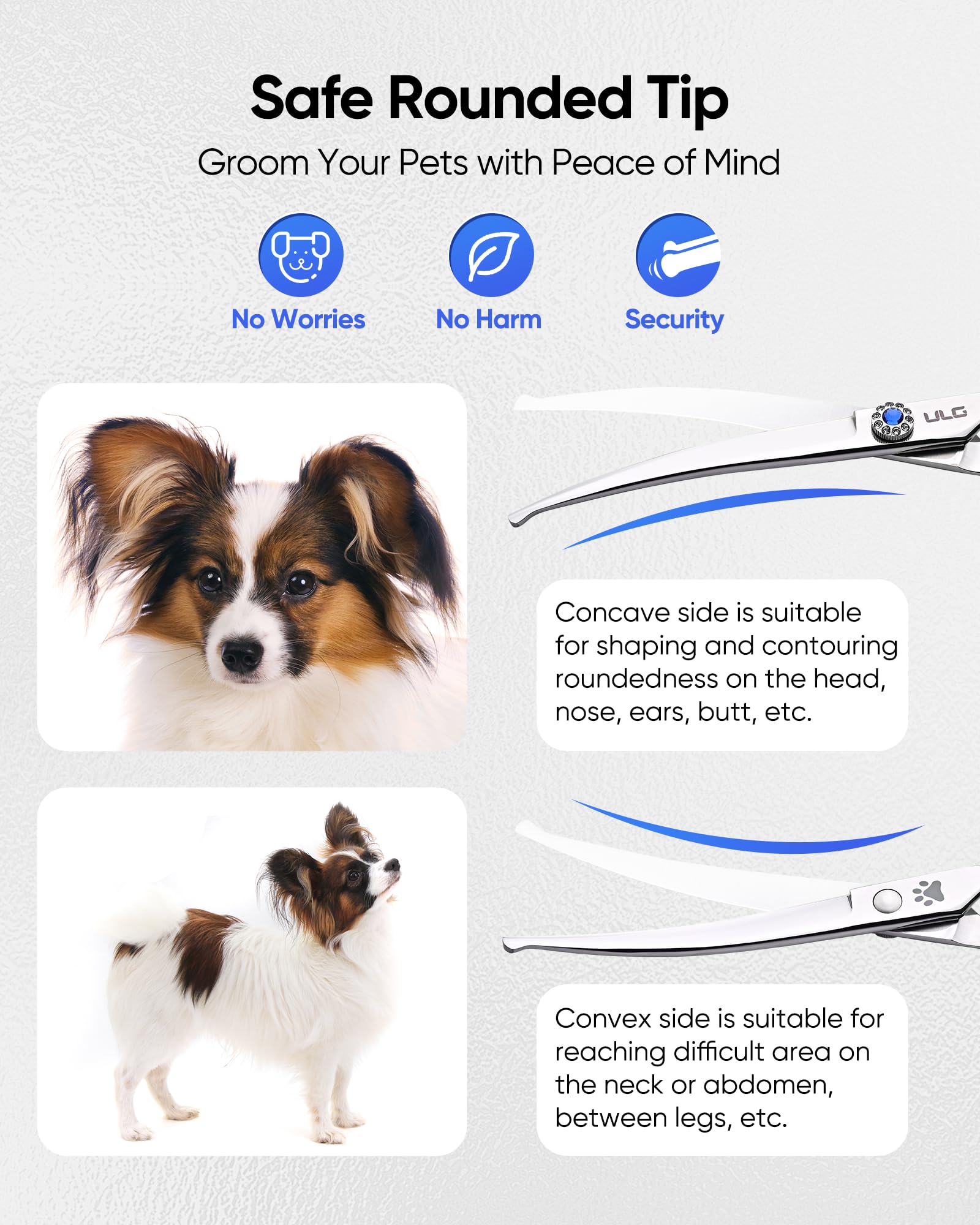 ULG curved dog shears thick-fur-cutting shows easy handling through heavy coats.