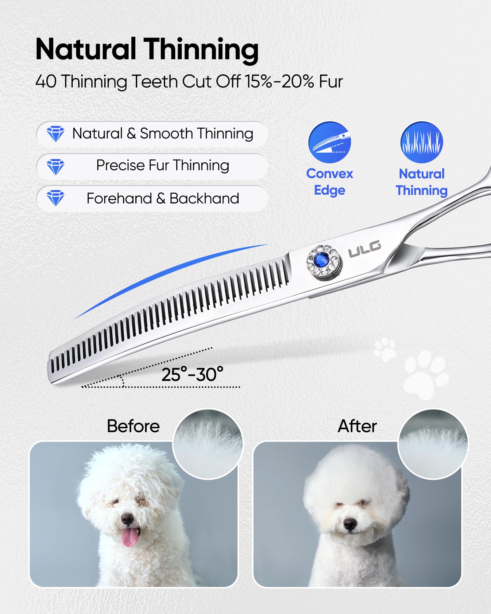 ULG dog grooming scissors 40-tooth curved with adjustable tension for precise control.