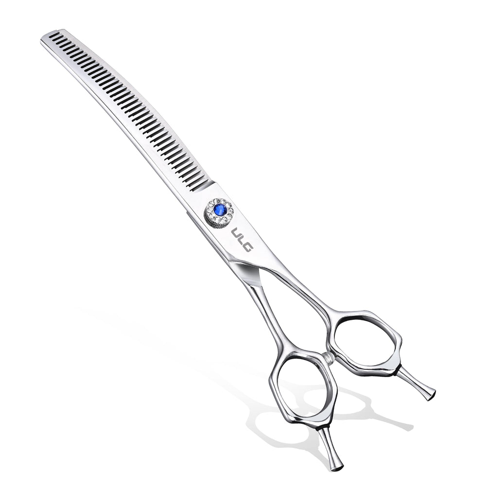 ULG dog grooming scissors 40-tooth curved closeup demonstrates precise thinning and clean lines.