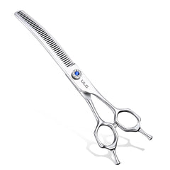 ULG dog grooming scissors 40-tooth curved closeup demonstrates precise thinning and clean lines.