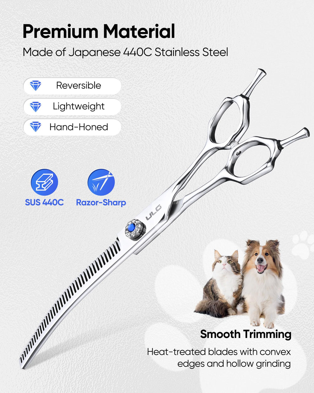 ULG dog grooming scissors 40-tooth curved thinning action demonstrates gentle bulk reduction.