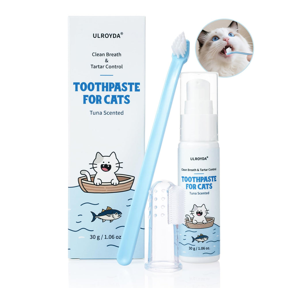 ulroyda cat dental kit tuna toothpaste close-up, promotes gentle cleaning and fresh breath