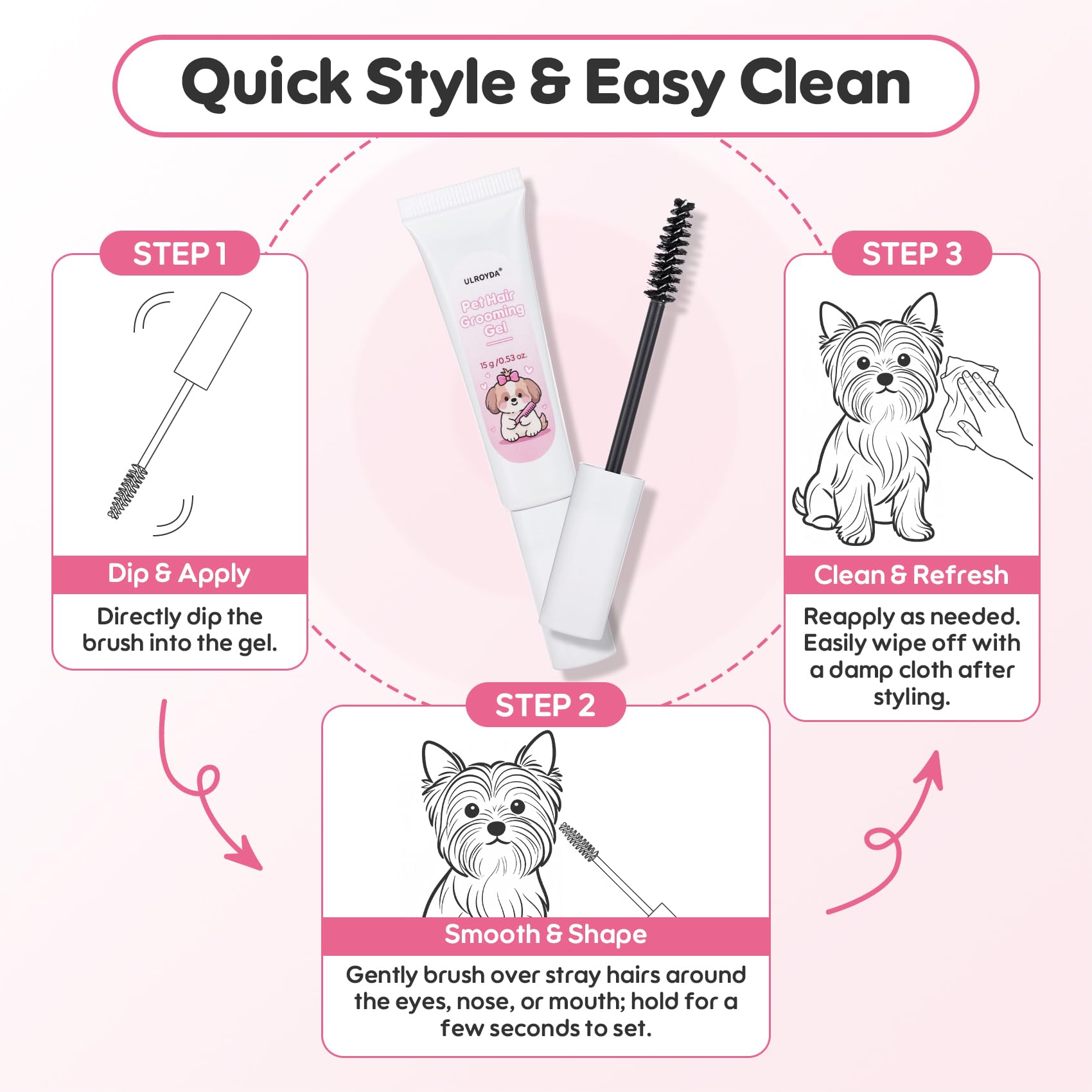 Ulroyda before-after images show tidy facial area for Maltese, Yorkie, and other small breeds.