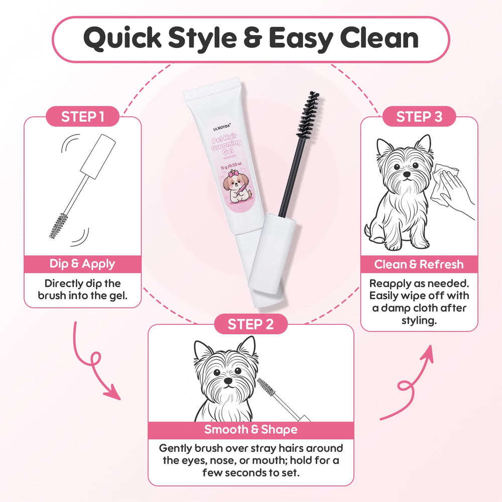 Ulroyda before-after images show tidy facial area for Maltese, Yorkie, and other small breeds.