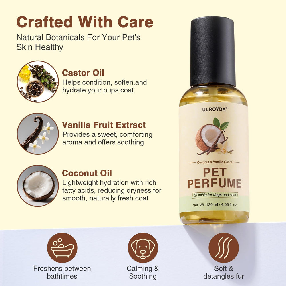 ulroyda pet perfume spray application demonstrates quick deodorizing use on fur.