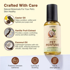 ulroyda pet perfume spray application demonstrates quick deodorizing use on fur.