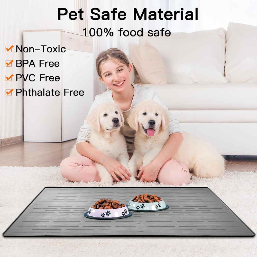 Ultibe alfombra para mascotas negra, práctico soporte para comida y agua.