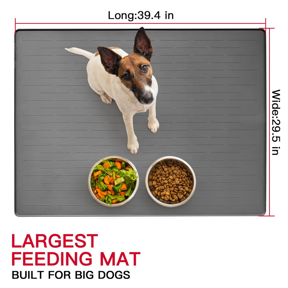 Ultibe avocado green mat under dog bowls to prevent slipping on floors.