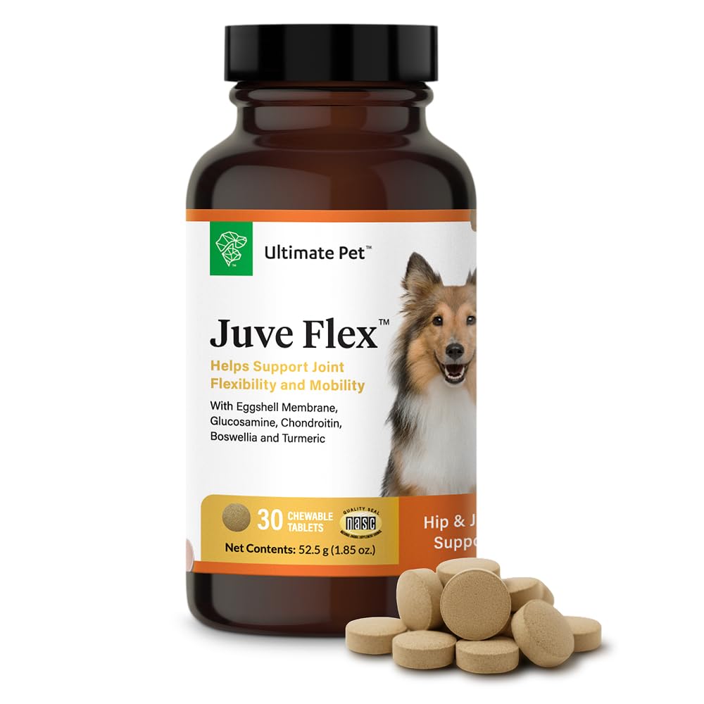Ultimate Pet Nutrition Juve Flex bottle supports joint comfort for dogs.