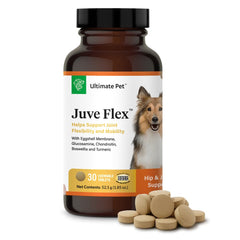 Ultimate Pet Nutrition Juve Flex bottle supports joint comfort for dogs.