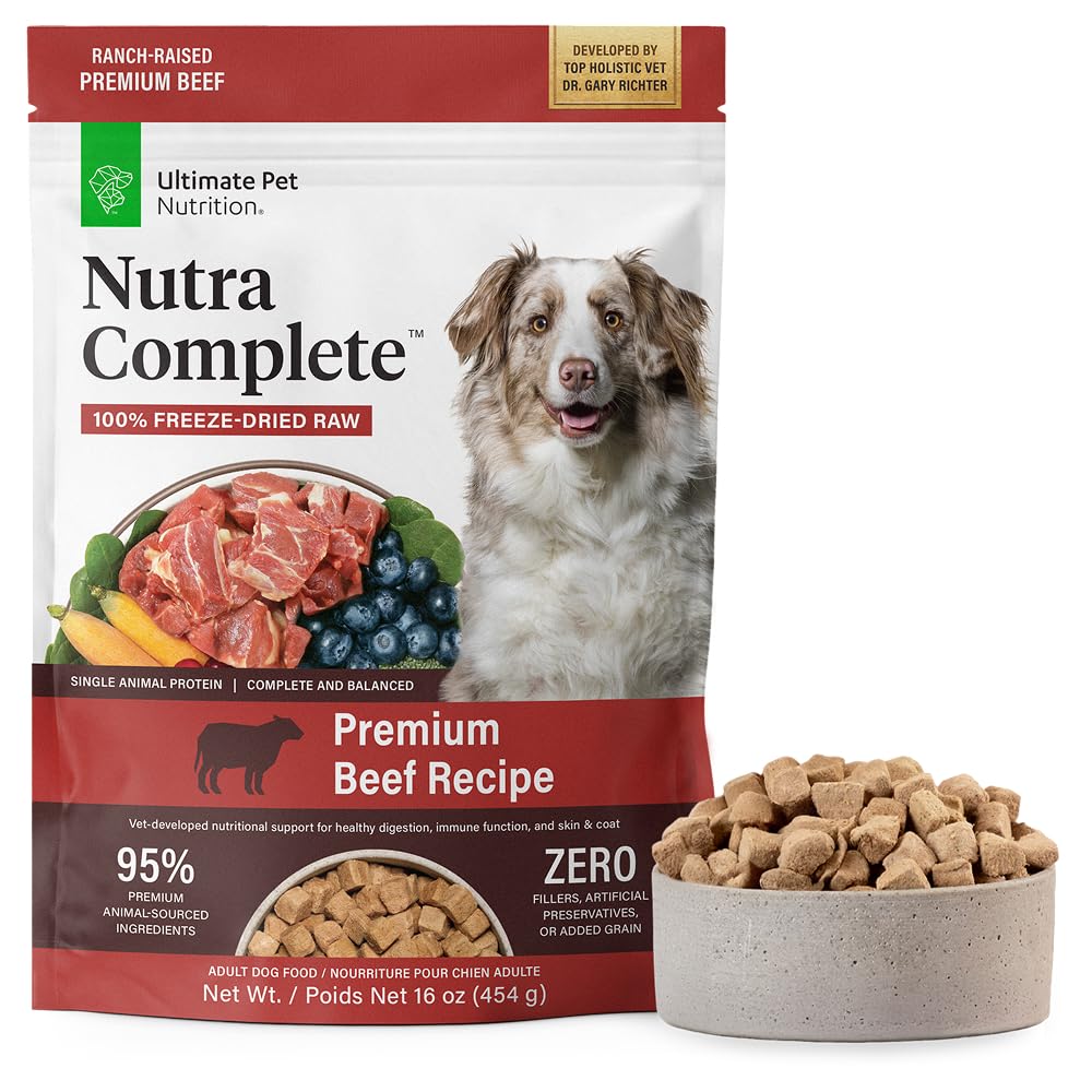 ULTIMATE PET NUTRITION Nutra Complete beef bag — premium freeze-dried protein for healthy digestion.