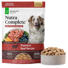 ULTIMATE PET NUTRITION Nutra Complete beef bag — premium freeze-dried protein for healthy digestion.