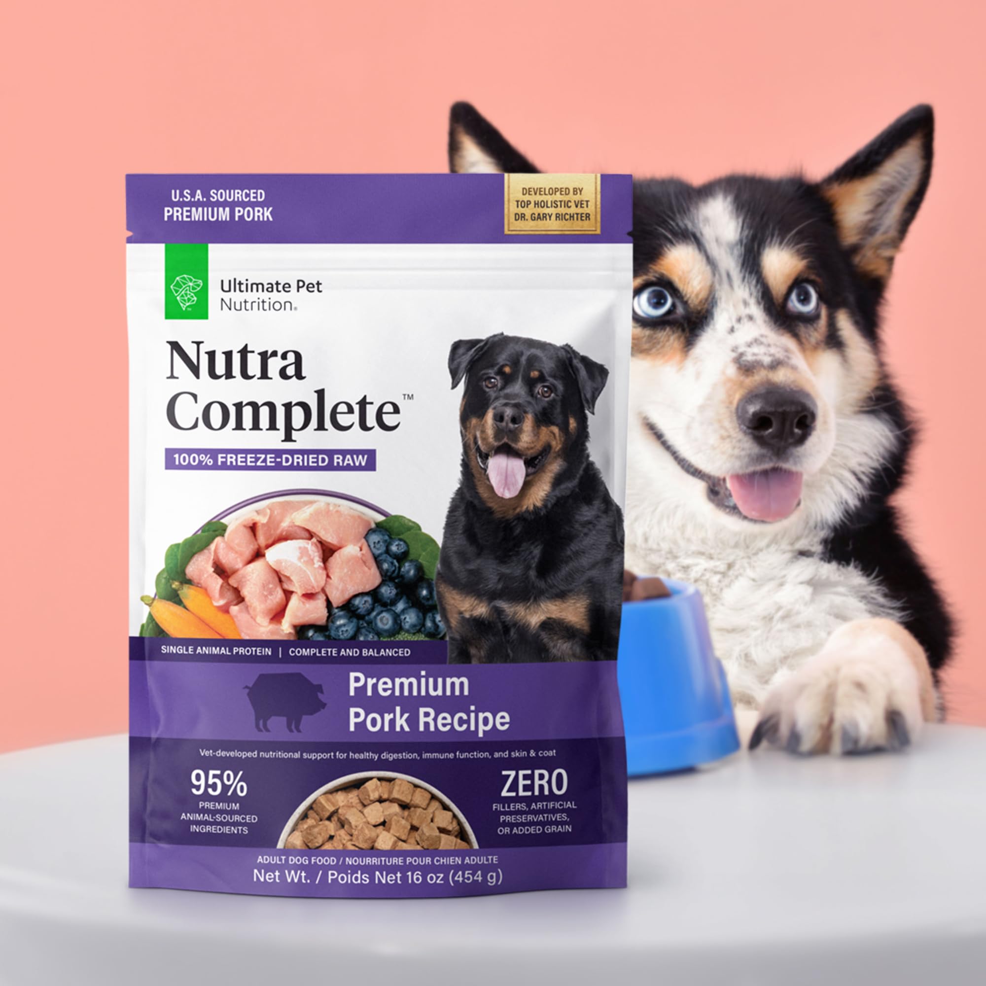 Ultimate Pet Nutrition Nutra Complete 1lb-pack illustration emphasizes cup-equivalence