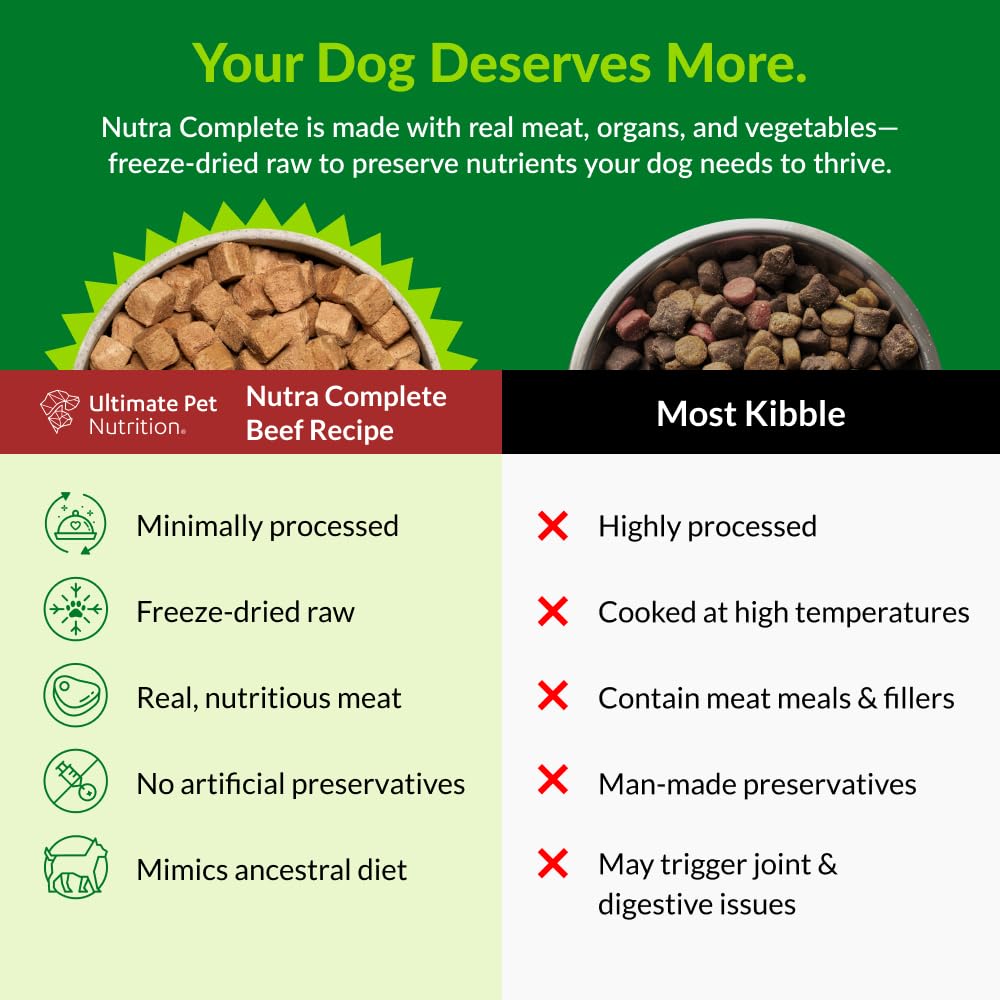 ULTIMATE PET NUTRITION Nutra Complete freeze-dried-beef — easily digestible protein in every bite.