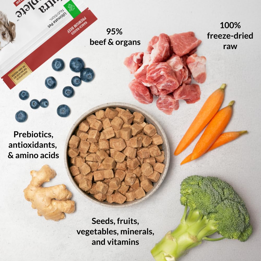 ULTIMATE PET NUTRITION Nutra Complete ingredients-seeds-fruits-vegetables — nutrient-rich mix supports variety.
