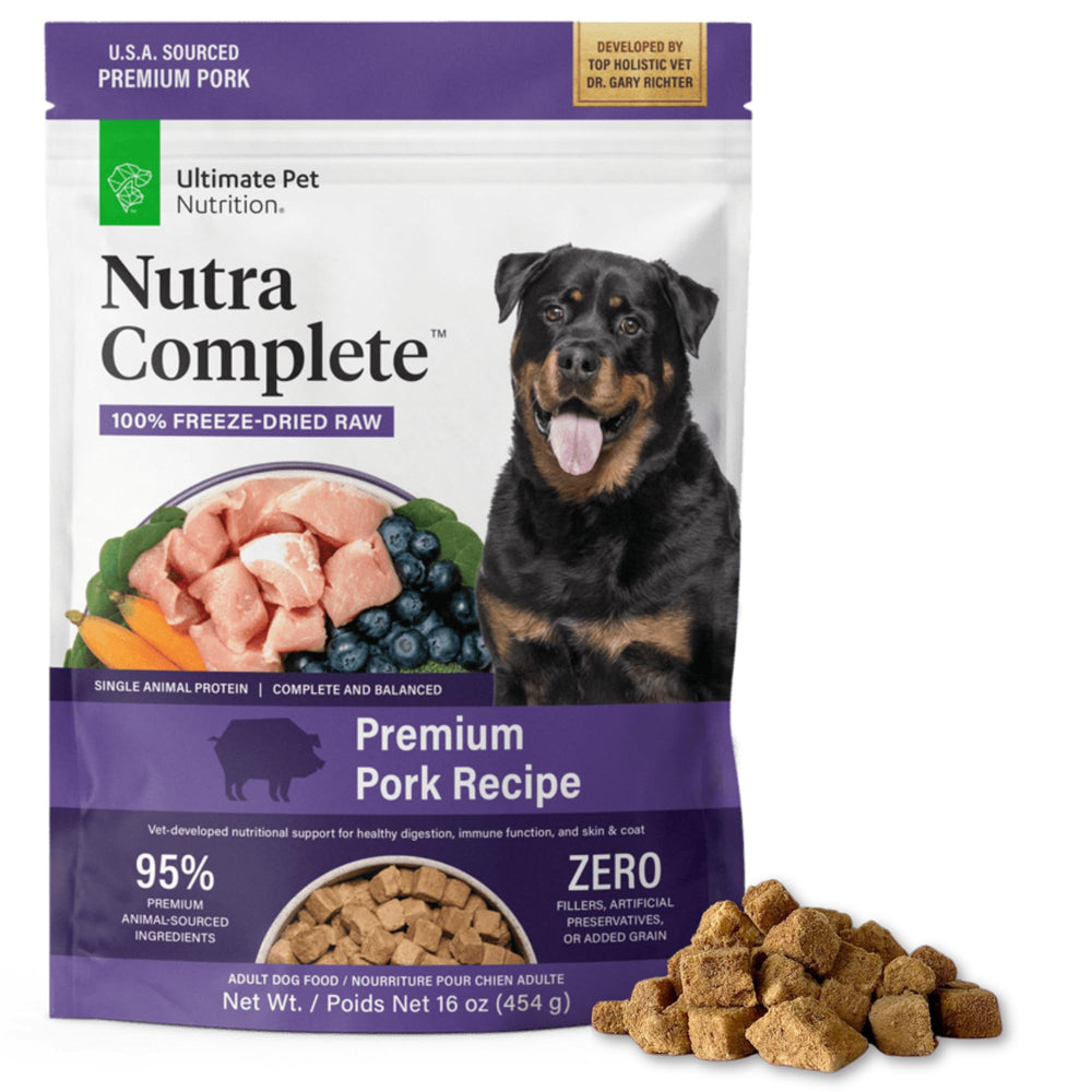 Ultimate Pet Nutrition Nutra Complete pork bites bag shows convenient raw nutrition for dogs