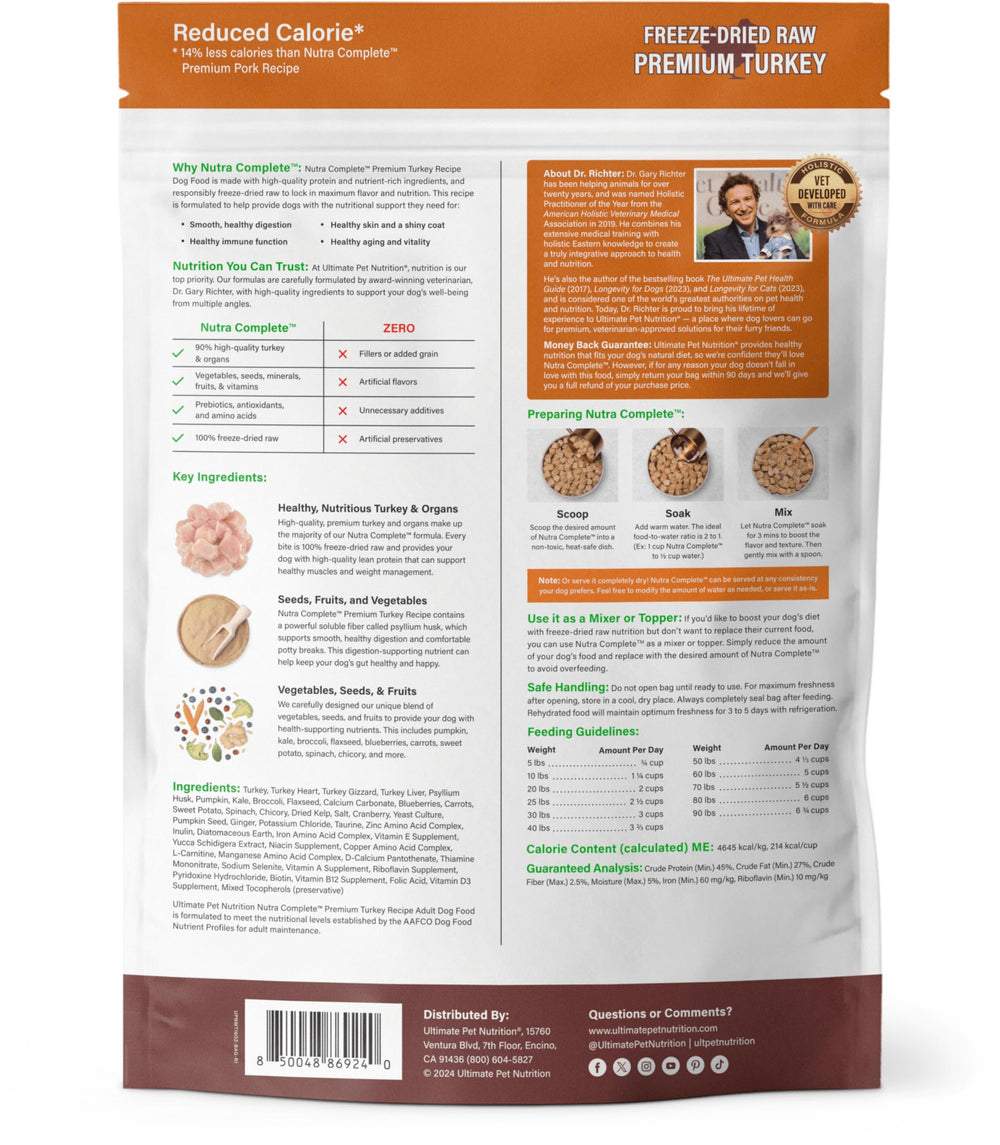 ULTIMATE PET NUTRITION Nutra Complete serving size note shows 1 lb cup-equivalents