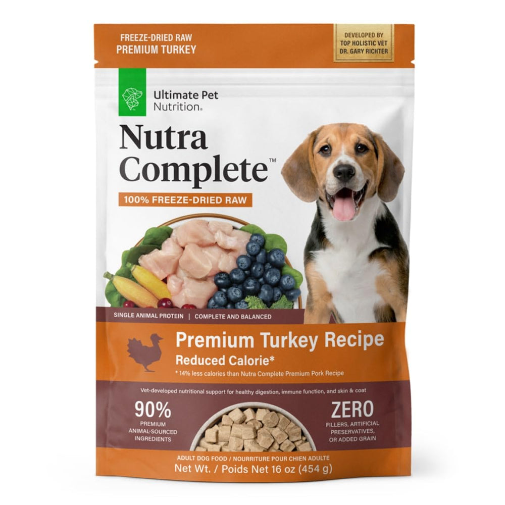 ULTIMATE PET NUTRITION Nutra Complete turkey dog food bag shows premium freeze-dried nutrition