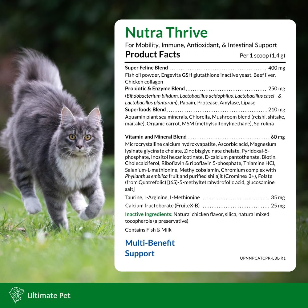 Nutra Thrive cat probiotics-digestive-enzymes image highlights gut support and smooth digestion.