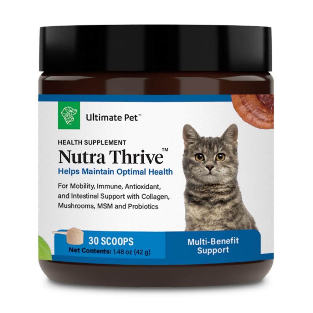 Ultimate Pet Nutrition Nutra Thrive cat supplement tub shows easy-to-use powder for daily nourishment.