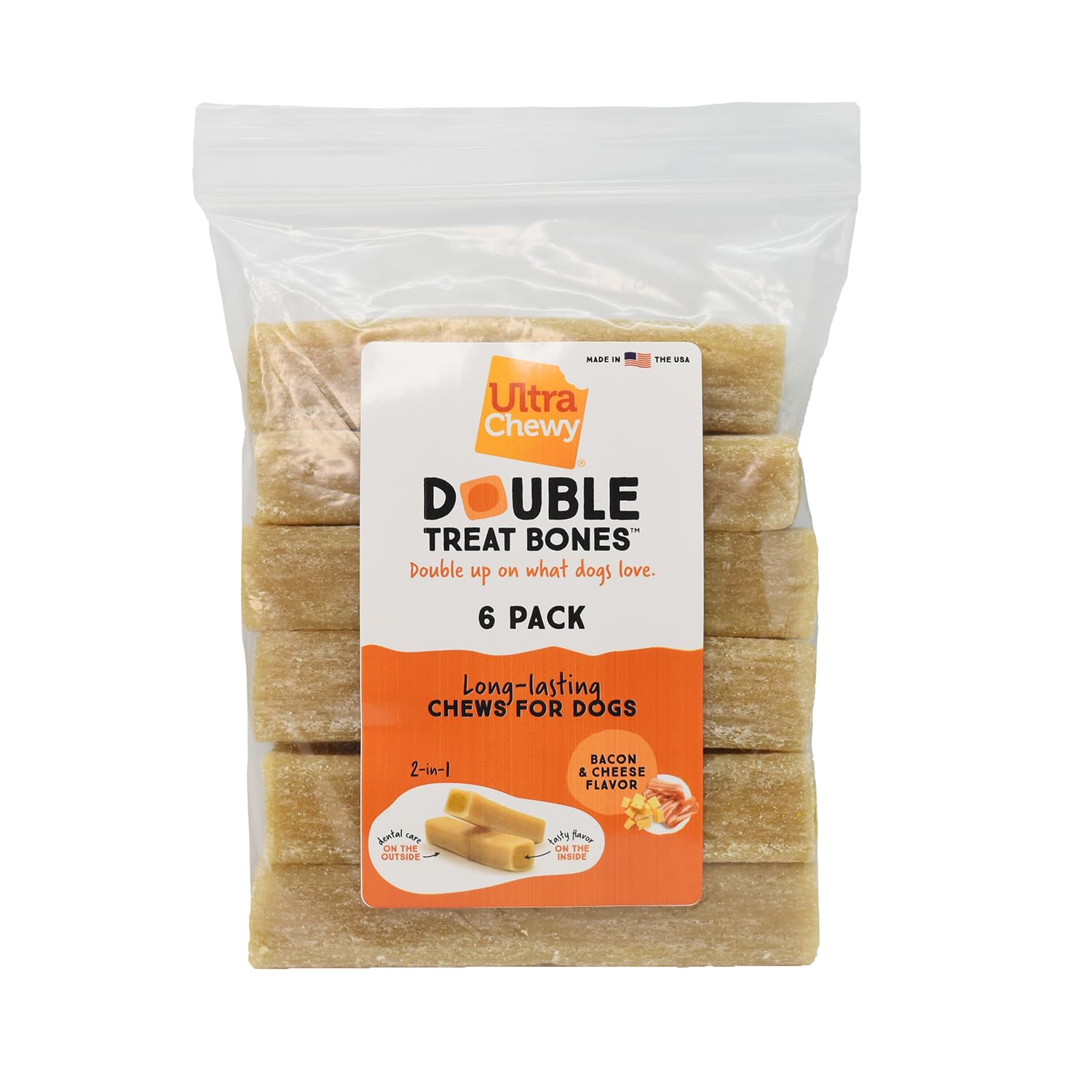 Ultra Chewy bacon-cheese double-treat bones packaged, ideal for on-the-go rewards and lasting chews.