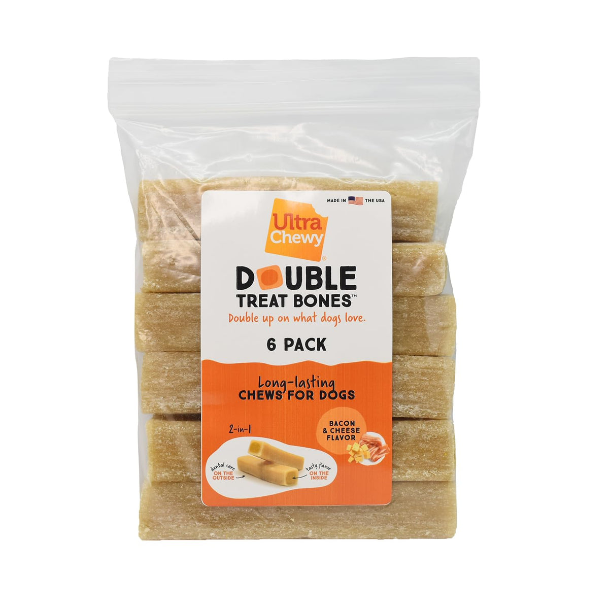 Ultra Chewy bacon-cheese double-treat bones packaged, ideal for on-the-go rewards and lasting chews.