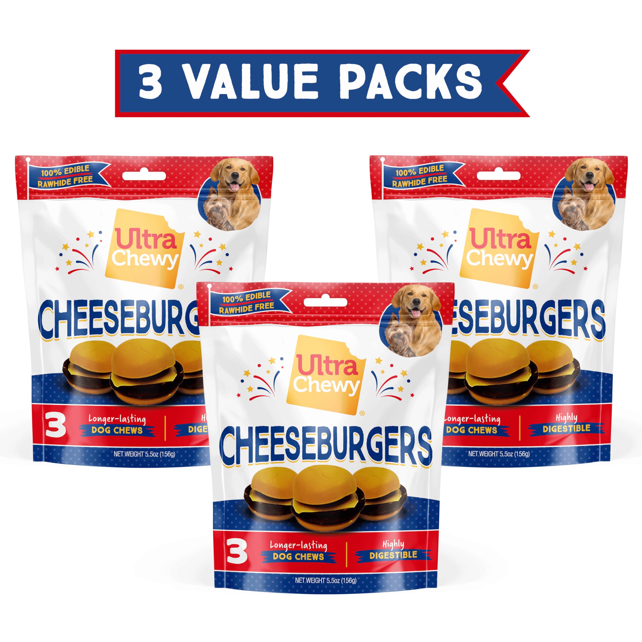 Ultra Chewy Cheeseburgers digestible formula shown as bite-friendly treat