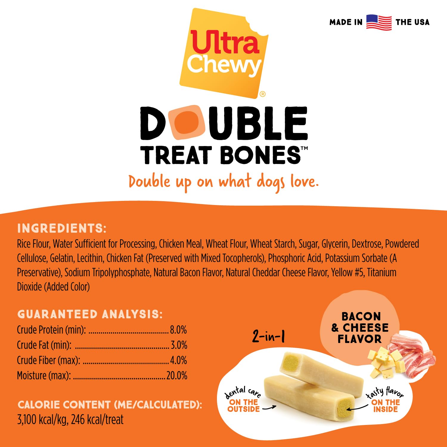 Ultra Chewy dog enjoying bacon-cheese double-treat bones during playtime for enrichment and reward.
