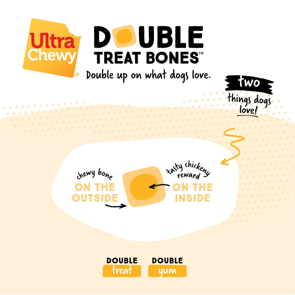 Ultra Chewy Double Treat Bones dental benefits visuals showing potential plaque reduction.