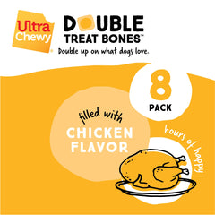 Ultra Chewy Double Treat Bones dental-health visual suggests teeth-cleaning action during chewing.